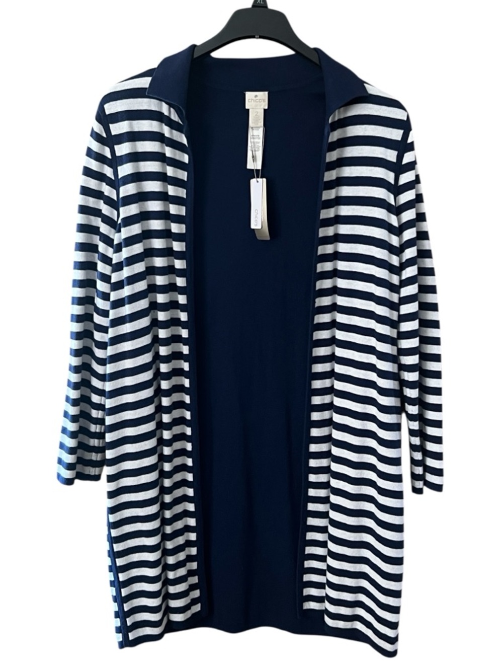 New Chico's Reversible Striped Cardigan Sweater Long Navy Nautical US Size L